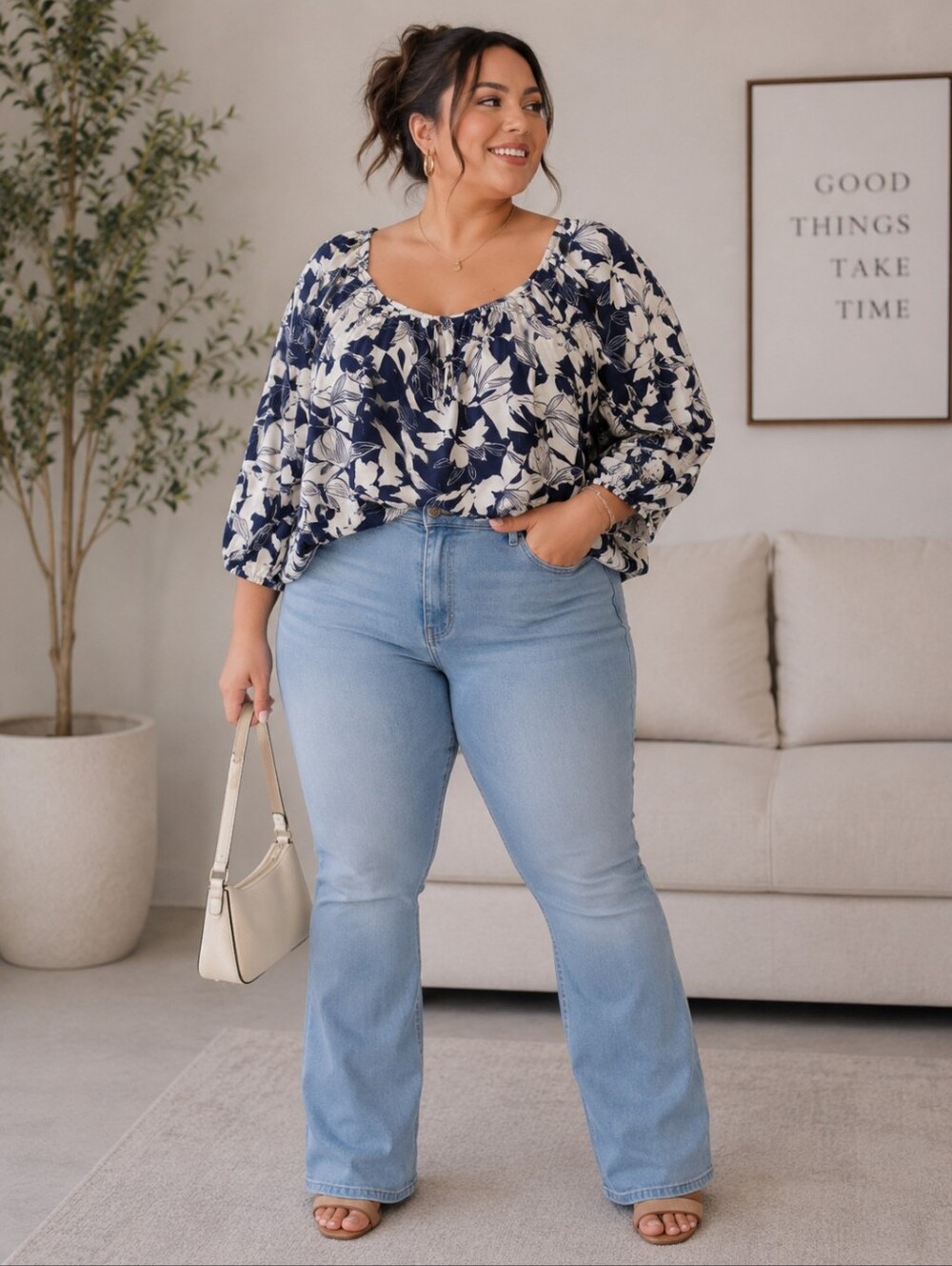 Como Black Woman Floral Blouse Plus Size 1X Coastal Grandmother Cottagecore
